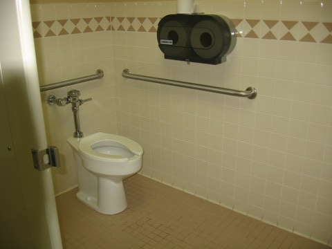 Restroom stall with grab bars (toilet paper is rather high)